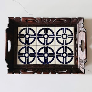 VINTAGE | large Mexican tile tray | carved wood serving tray | vintage bar tray | rustic Mexican decor | rectangular tray with handles
