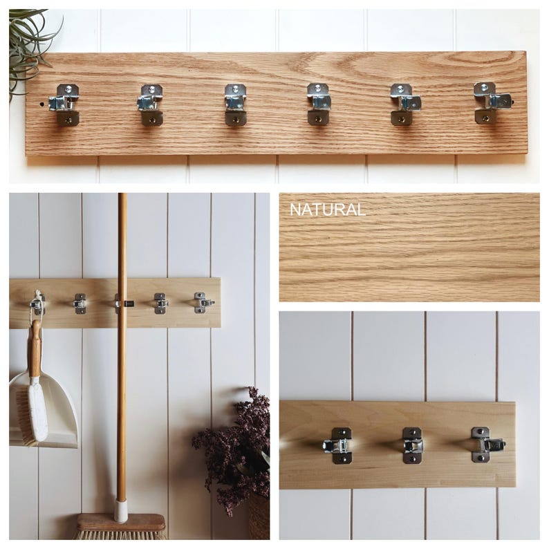 May include: A rectangular light brown wood wall rack featuring six evenly spaced silver metal spring-loaded clips for hanging items. Additional views show a three-clip version and a close-up of the wood grain labelled with the text NATURAL.