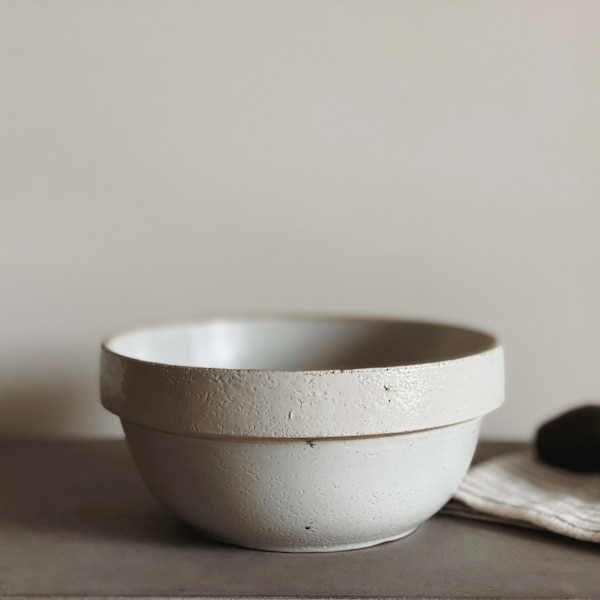 VINTAGE | creamy beige stoneware bowl | European Farmhouse | antique crock mixing bowl | modern cottage kitchen decor