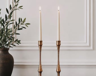 VINTAGE | Pair of Fluid Form Danish Modern Solid Brass Candlesticks | Tall Candle Holders