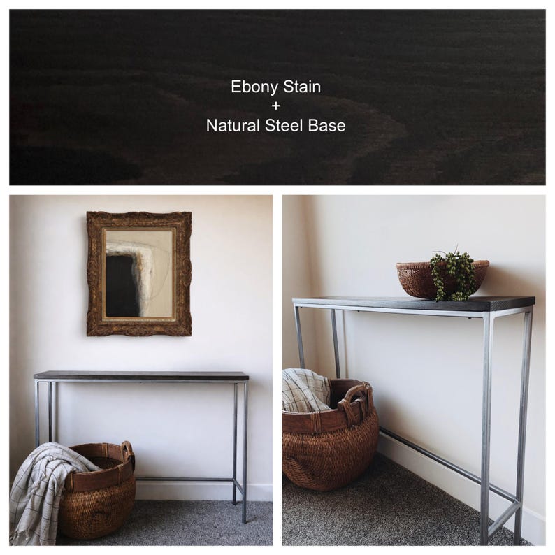 May include: A console table with a rectangular top featuring an ebony stain and a natural steel base. The text Ebony Stain + Natural Steel Base is visible. The table is shown in two views, one with a woven basket and one with a bowl.