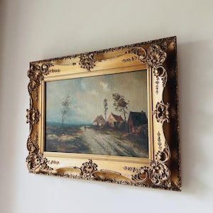 VINTAGE | 19th Century landscape oil painting with houses & figure | 24 3/4 x 19 | large original signed painting with ornate gold frame