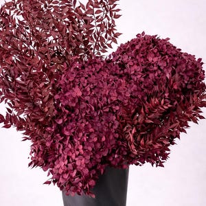 May include: A black vase with a spiral design holds a vibrant arrangement of burgundy-colored flowers and foliage. The flowers have a dense, rounded shape, while the foliage has a delicate, feathery texture. The vase sits on a white marble surface.