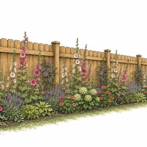 Op de afbeelding: Een lange houten schutting met verticale planken en vierkante palen dient als achtergrond voor een levendige tuinborder. Hoge roze en witte stokrozen, paarse clematissen, groene hortensiabloemen en diverse lage kleurrijke bloemen.