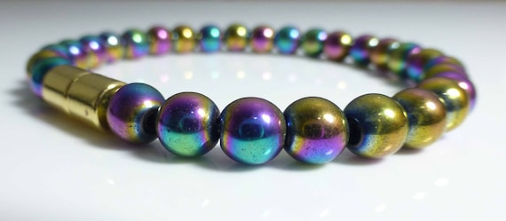 Mens / Ladies Handmade 8mm Premium Beaded Bracelet - Rainbow Hematite. |  eBay