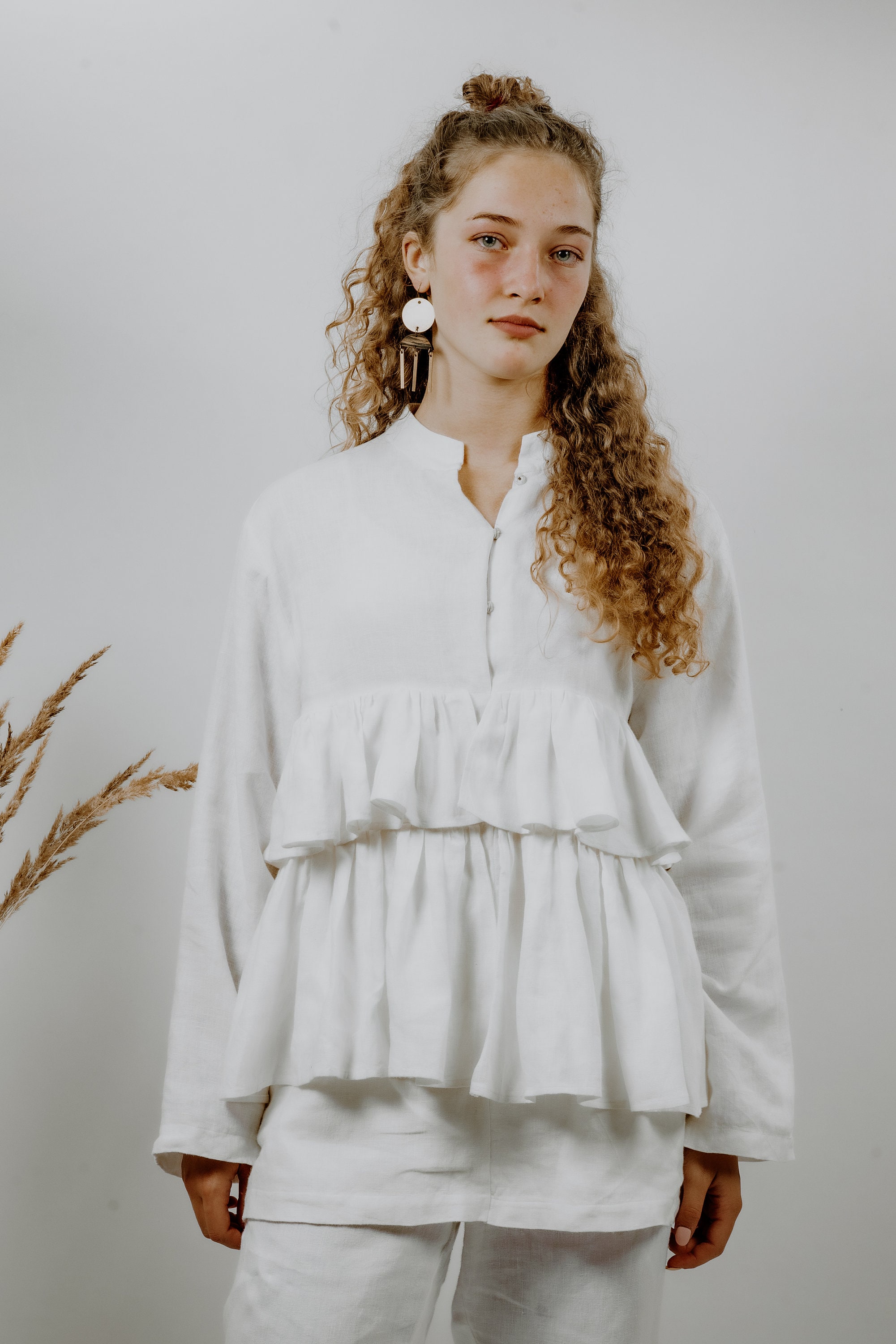 Linen Ruffled White Womens Blouse Long Sleeved White Linen Etsy UK