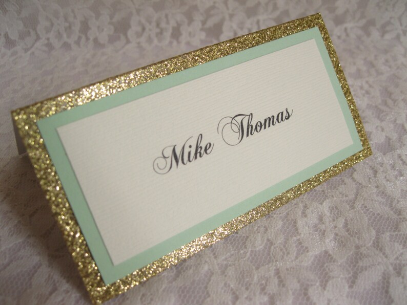Gold Glitter & Mint Tented Place Cards Escort Cards Name Etsy