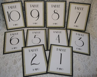 Art Deco Black Shimmer, Champagne Glitter & White Wedding Table Numbers Personalized Bridal Shower Anniversary Party Customized Color #325