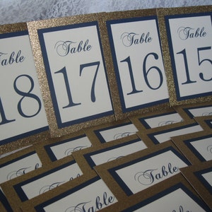 Gold Glitter, Navy Blue & Cream Wedding Table Numbers Set of 20 Wedding Bridal Shower Anniversary Party Customized Color #310