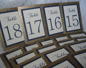Gold Glitter, Azul Marino y Crema Números de Mesa de Boda Set de 20 Bodas Despedida de Novia Fiesta de Aniversario Color Personalizado #310