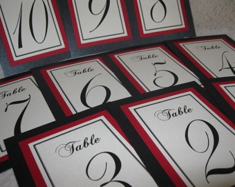 Black Shimmer, Red & Ivory Wedding Table Numbers Set of 10 Wedding Bridal Shower Anniversary Party Customized Color 091