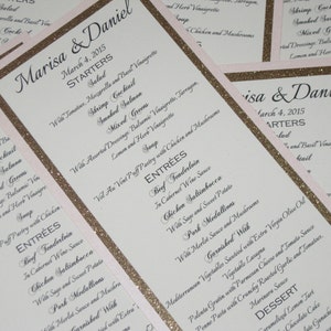 Blush, Gold Glitter & Ivory Menu Wedding Bridal Shower Metallic Anniversary Party Customized Color #401