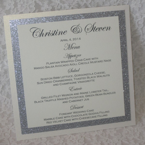 Ivory Shimmer & Silver Glitter Menu Wedding Bridal Shower Metallic Anniversary Party Customized Color 081