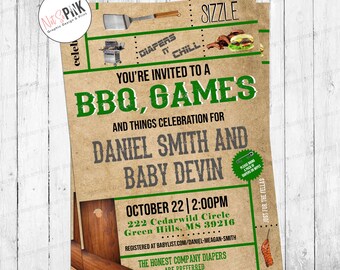Dads, Diapers and BBQ Games Baby Shower Invitation