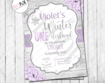 Winter Onederland Wonderland  Snowy Flowers, Purple Birthday Invitation