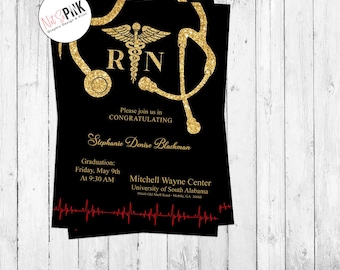 RN -NURSE-Graduation Black and Gold Invitation