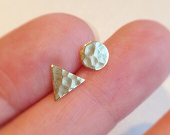 Small Geometric Studs ~ Mismatched Circle and Triangle Brass Earrings ~ Minimal Asymmetrical Everyday Gold Earrings