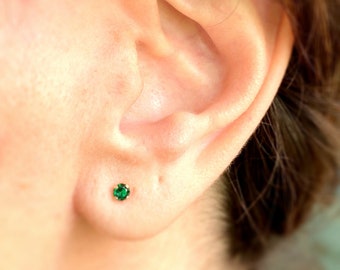Tiny Emerald Studs ~ 3mm Green Emerald Post Earrings in Solid 14k Gold ~ Minimal Classic Stud