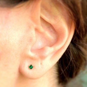 Tiny Emerald Studs 3mm Green Emerald Post Earrings in Solid 14k Gold Minimal Classic Stud image 1