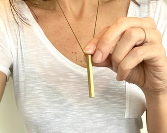 Long Hexagon Bar Necklace ~ Large Minimal Industrial Vertical Brass Hexagon Bar Necklace