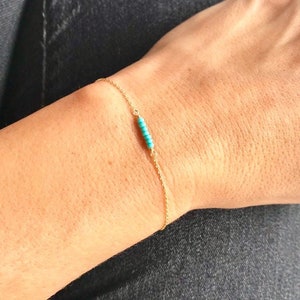 Dainty Gold and Turquoise Bracelet ~ Simple Tiny Vintage Glass Bead Bracelet ~ Modern Minimal Layering Bracelet