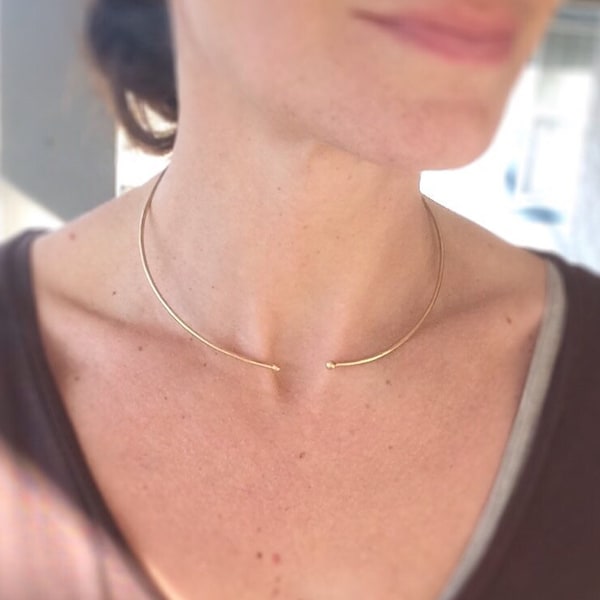 Neck Cuff ~ Simple Ball End Golden Brass Wire Choker ~ Minimal Gold Adjustable Reversible Collar Necklace