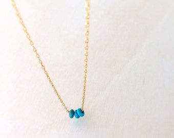 Turquoise Necklace ~ Three Tiny Turquoise Gemstones Float on Dainty Gold Filled Chain