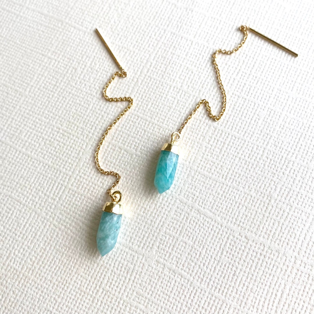 Amazonite Threader Earrings 14k Gold Filled Long Chain Crystal Point