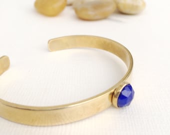 Lapis Cuff Bracelet ~ Simple Hand Fabricated Brass and Rose Cut Gemstone Cuff ~ Minimal Neutral Gold Stacking Bracelet