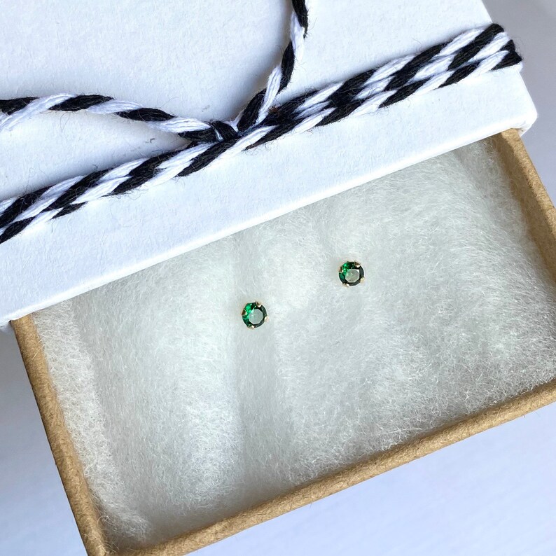 Tiny Emerald Studs 3mm Green Emerald Post Earrings in Solid 14k Gold Minimal Classic Stud image 2