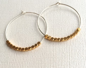 Beaded Silver Hoop Earrings ~ Minimal Mixed Metal Tiny Faceted Gold Cube Bead Hoops