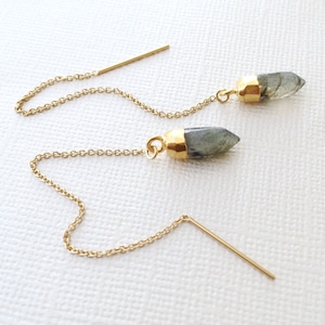 Labradorite Threader Earrings ~ 14k Gold Filled Chain Crystal Point Earrings ~ Gray Blue Green Gemstone Threaders