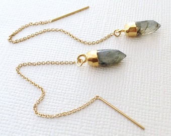 Labradorite Threader Earrings ~ 14k Gold Filled Chain Crystal Point Earrings ~ Gray Blue Green Gemstone Threaders