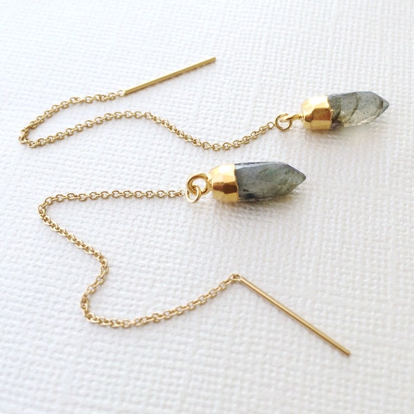 Labradorite Threader Earrings ~ 14k Gold Filled Chain Crystal Point Earrings ~ Gray Blue Green Gemstone Threaders