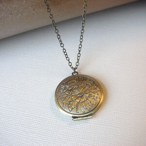 Flower Locket Necklace ~ Antiqued Brass Floral Locket Pendant Keepsake Necklace