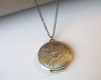 Flower Locket Necklace ~ Antiqued Brass Floral Locket Pendant Keepsake Necklace