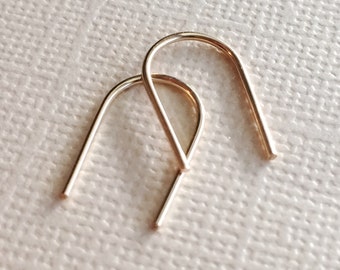 Small Gold Arc Threader Earrings ~ Half Inch Minimal Modern Hand Forged Open Arch U Shape Hoops
