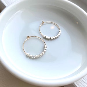 Mini Beaded Gold Hoop Earrings ~ Minimal Mixed Metal Tiny Faceted Sterling Silver Bead Hoops