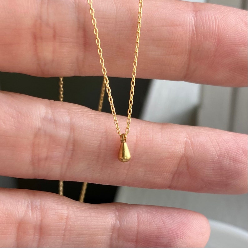 Ultra Tiny Teardrop Necklace Single Small Vintage Brass Teardrop Charms Minimal Dainty 14k Gold Filled Layering Chain image 2