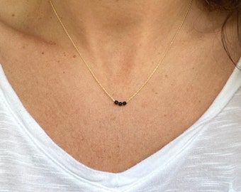 Black Tourmaline Necklace ~ Three Tiny Faceted Black Gemstone Beads Float on Dainty 14k Gold Filled Chain ~ Everyday Simple Black Necklace