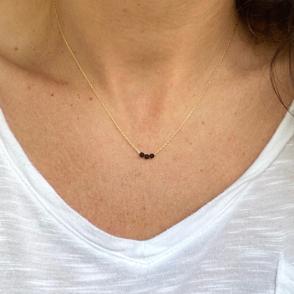 Black Tourmaline Necklace ~ Three Tiny Faceted Black Gemstone Beads Float on Dainty 14k Gold Filled Chain ~ Everyday Simple Black Necklace