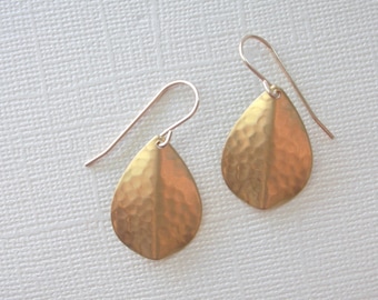 Gold Teardrop Earrings ~ Minimal Hammered Brass Teardrop Geometric Drop Earrings