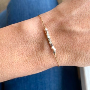 Silver and Gold Bracelet ~ Tiny Silver Cube Bead Bracelet - Modern Minimal Mixed Metal Layering Bracelet