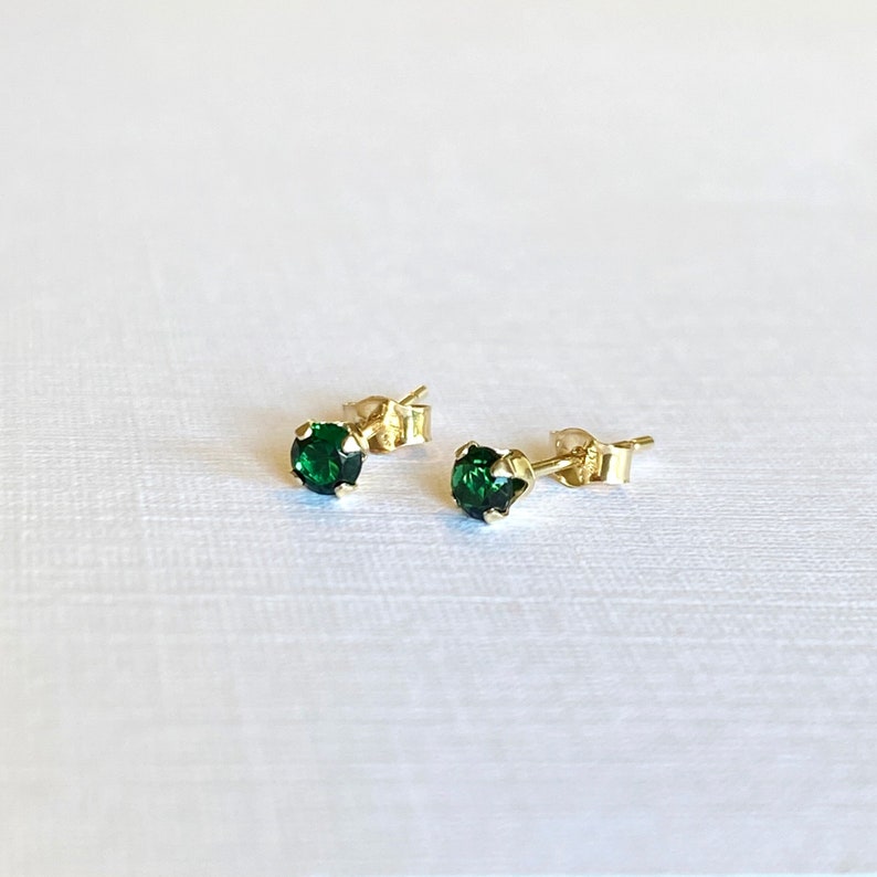 Tiny Emerald Studs 3mm Green Emerald Post Earrings in Solid 14k Gold Minimal Classic Stud image 8