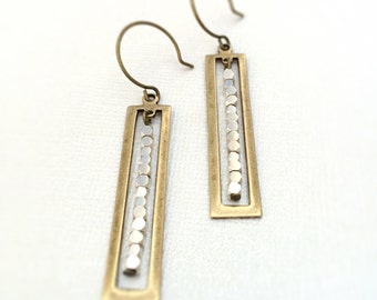 Geometric Earrings ~ Long Brass Rectangle Drops ~ Mixed Metal Sterling Silver Cube Bead Bar