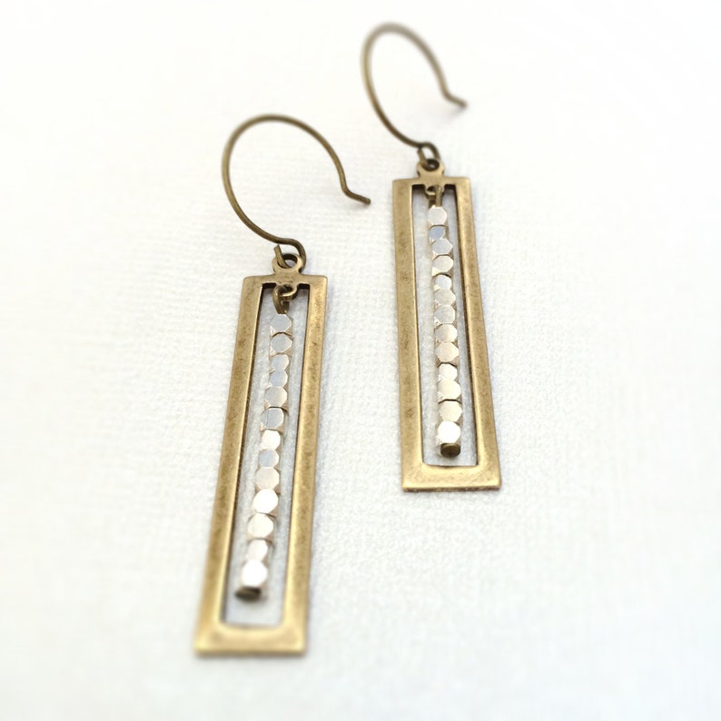 Geometric Earrings Long Brass Rectangle Drops Mixed Metal Etsy