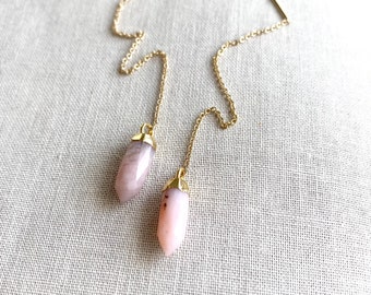 Pink Opal Threader Earrings ~ 14k Gold Filled Long Chain Crystal Point Earrings ~ Pink Gemstone Spike Threaders