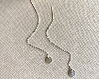 Silver Disk Threader Earrings ~ Small Silver Circle Chain Earrings ~ Minimal Brushed Hammered Sterling Silver Threaders