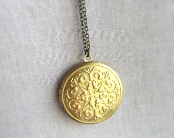 Gold Vines Locket Necklace ~ Long Raised Brass Keepsake Locket Pendant Necklace