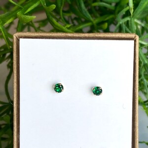 Tiny Emerald Studs 3mm Green Emerald Post Earrings in Solid 14k Gold Minimal Classic Stud image 7